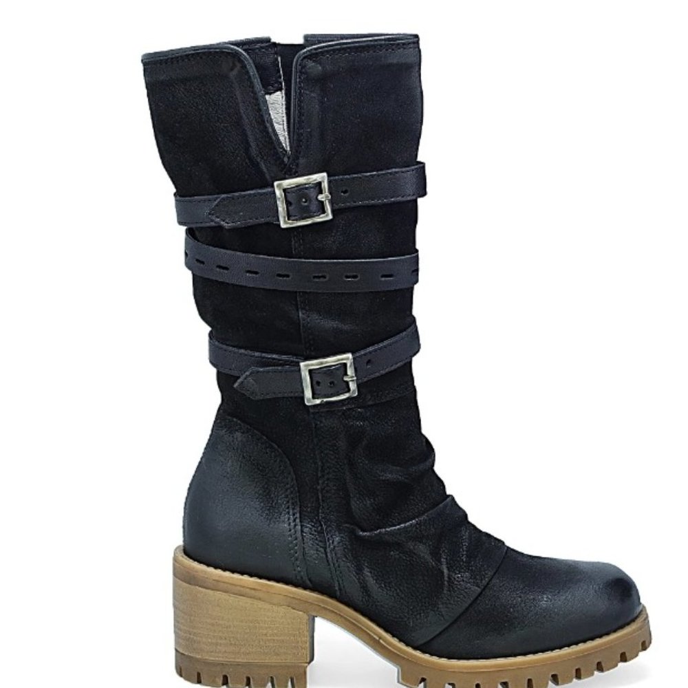 Miz Mooz Black Leather Suede Buckle Heeled Boots